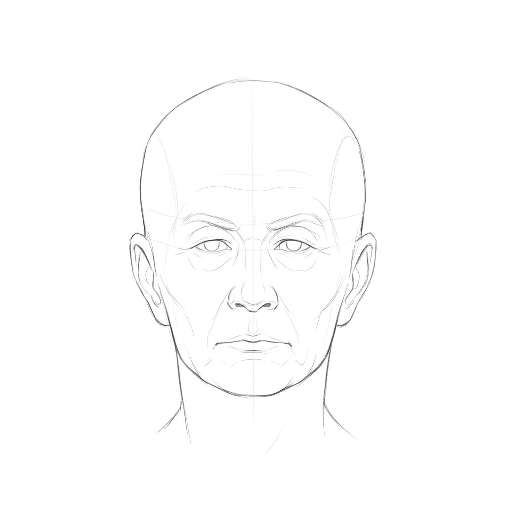 Head rotation reference, Deep folds, 0 degrees front view, pencil drawing