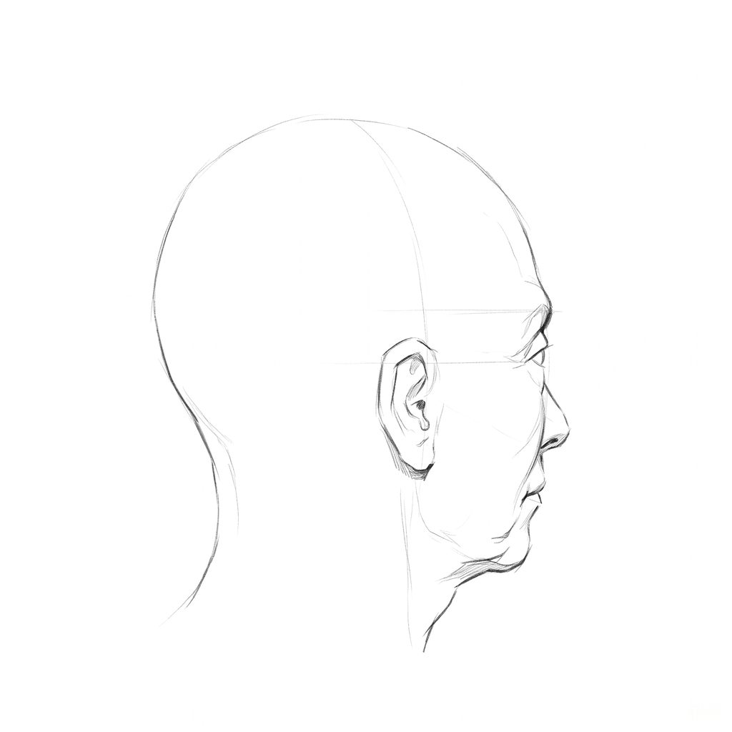 Head rotation reference, Deep folds, 112.5 degrees just behind profile, pencil drawing