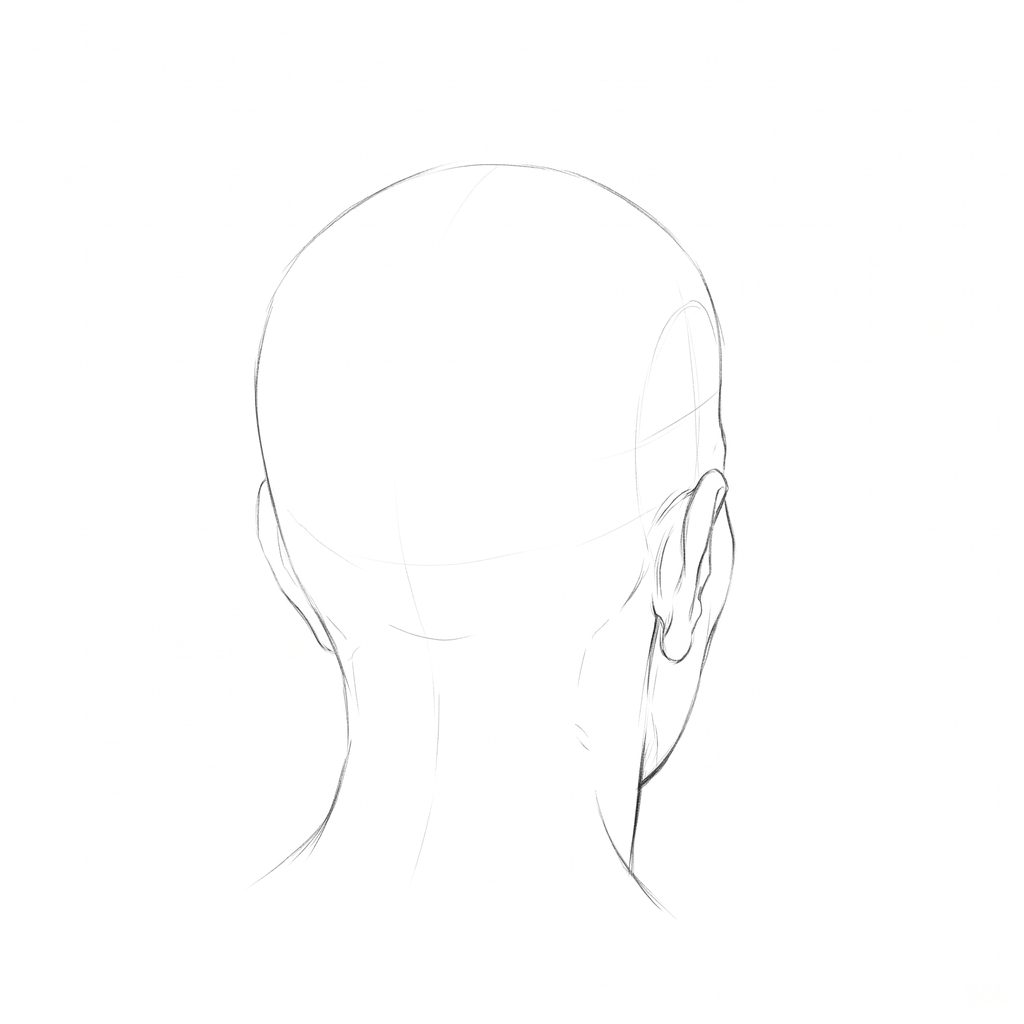 Head rotation reference, Deep folds, 157.5 degrees near-back view, pencil drawing