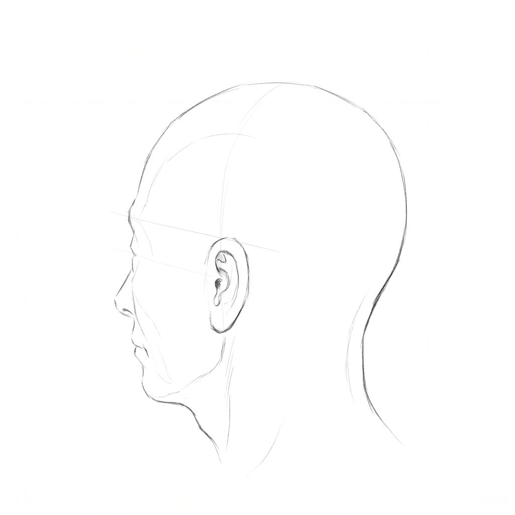 Head rotation reference, Deep folds, 247.5 degrees just behind profile, pencil drawing