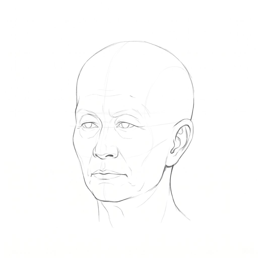 Head rotation reference, Deep folds, 337.5 degrees slight three-quarter view, pencil drawing
