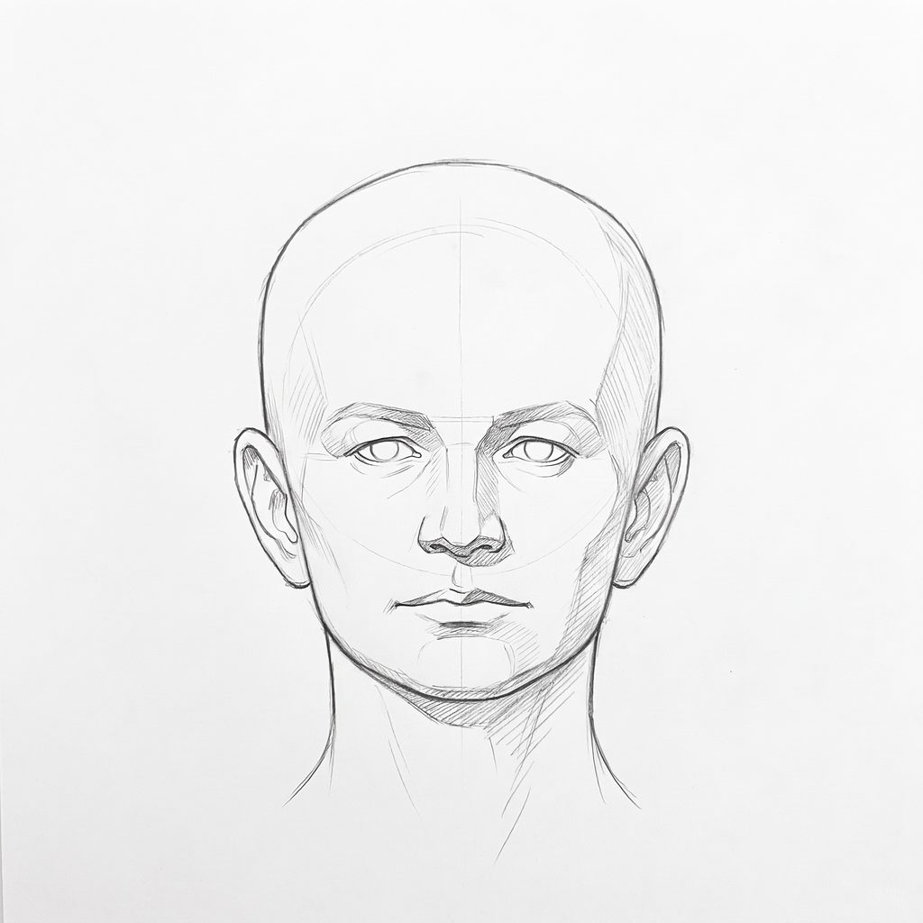 Head rotation reference, Soft planes, 0 degrees front view, tonal drawing