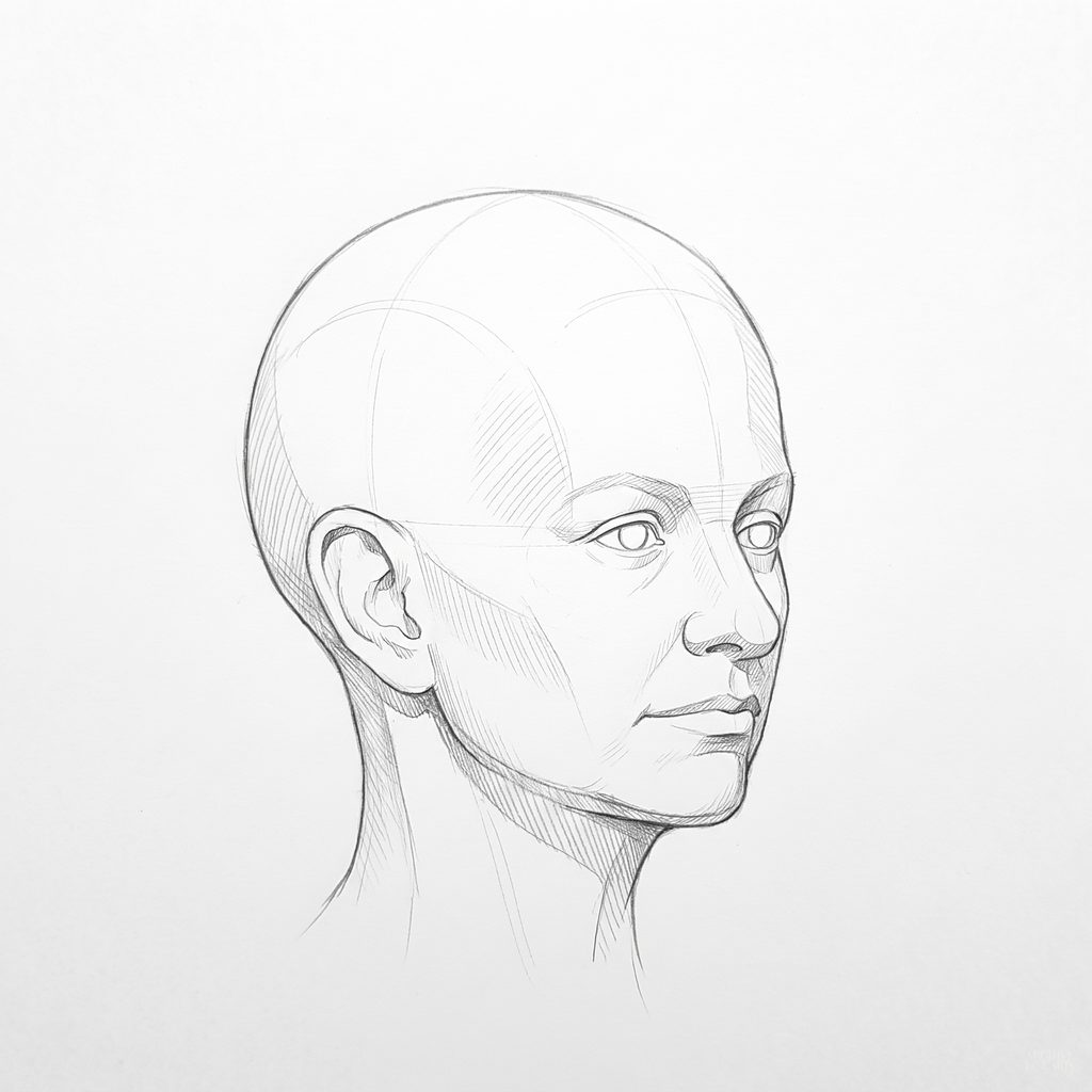 Head rotation reference, Soft planes, 45 degrees three-quarter view, tonal drawing