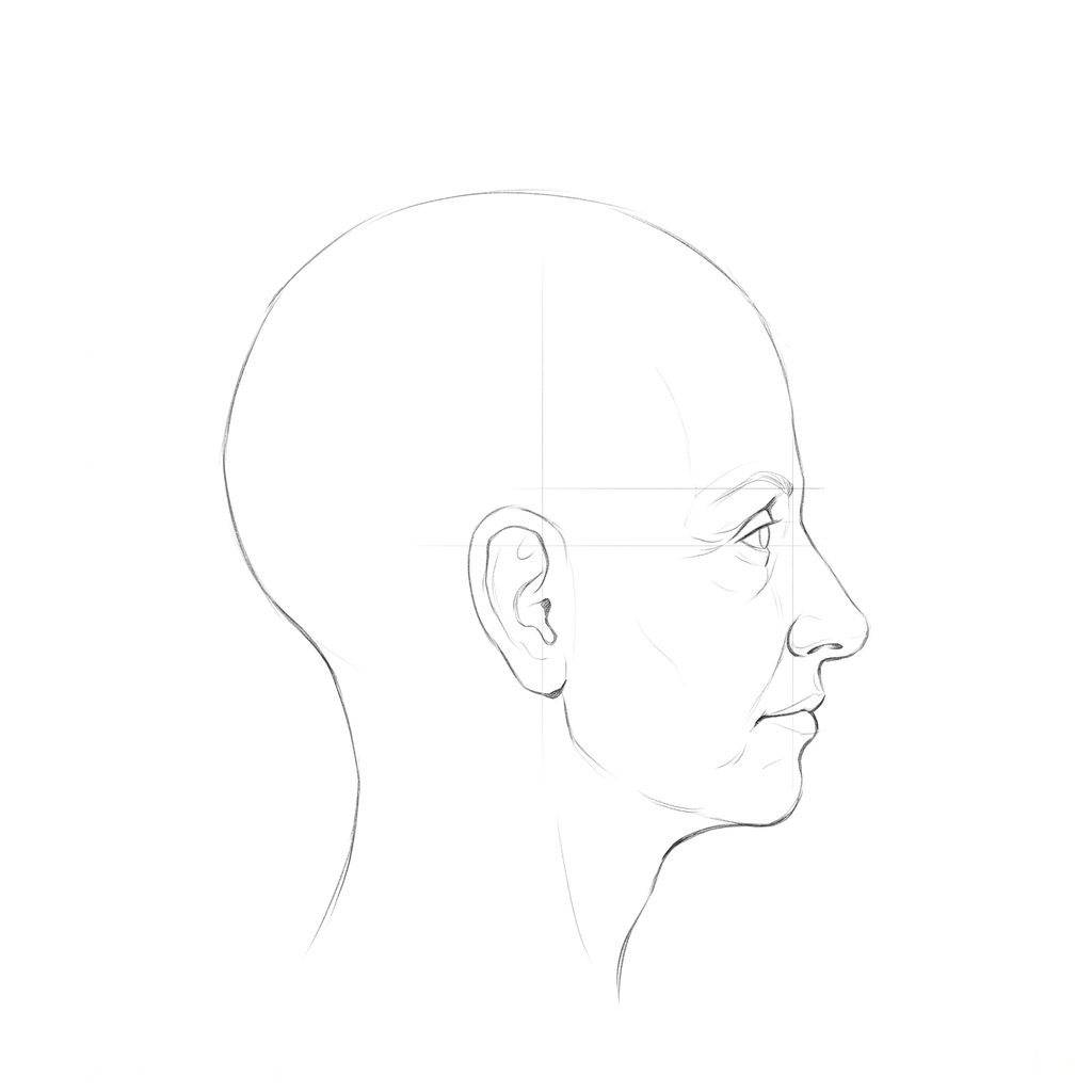 Head rotation reference, Soft planes, 90 degrees profile, pencil drawing