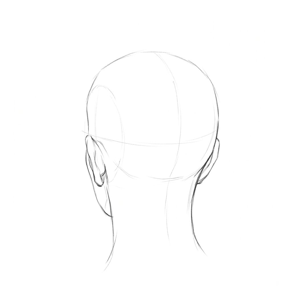 Head rotation reference, Soft planes, 202.5 degrees near-back view, pencil drawing