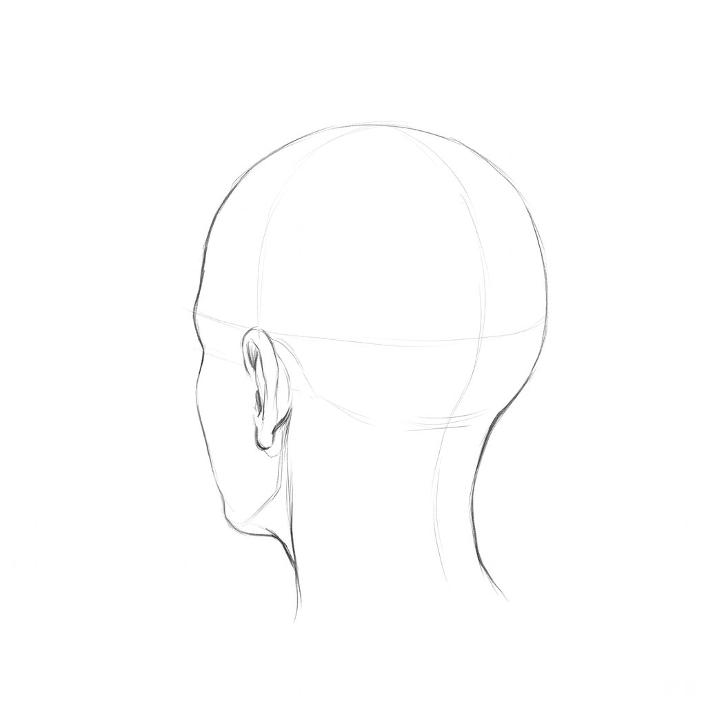 Head rotation reference, Soft planes, 225 degrees rear three-quarter, pencil drawing