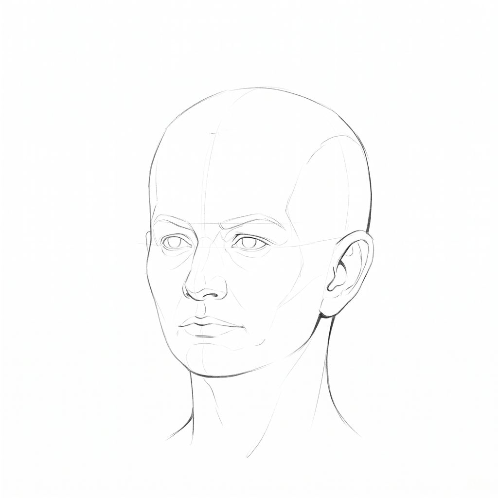 Head rotation reference, Soft planes, 337.5 degrees slight three-quarter view, pencil drawing