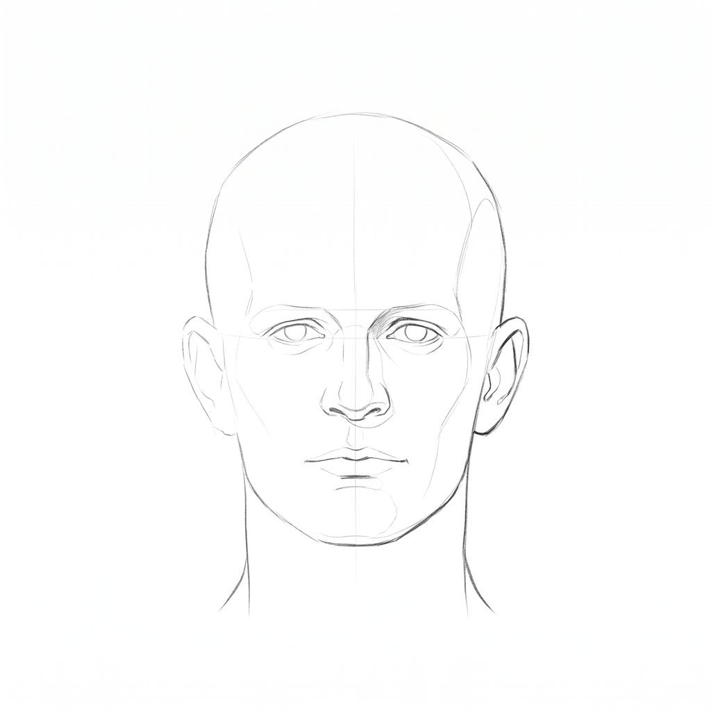 Head rotation reference, Square jaw, 0 degrees front view, pencil drawing