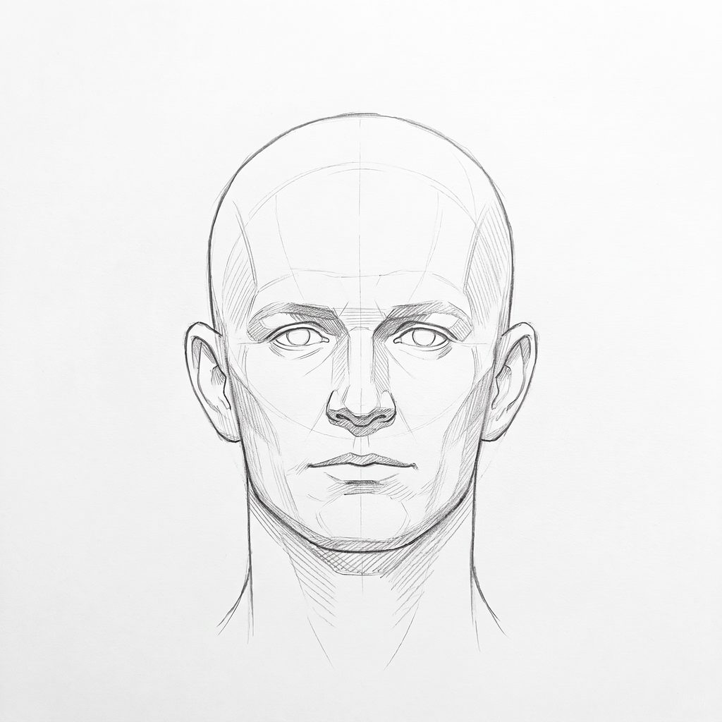 Head rotation reference, Square jaw, 0 degrees front view, tonal drawing