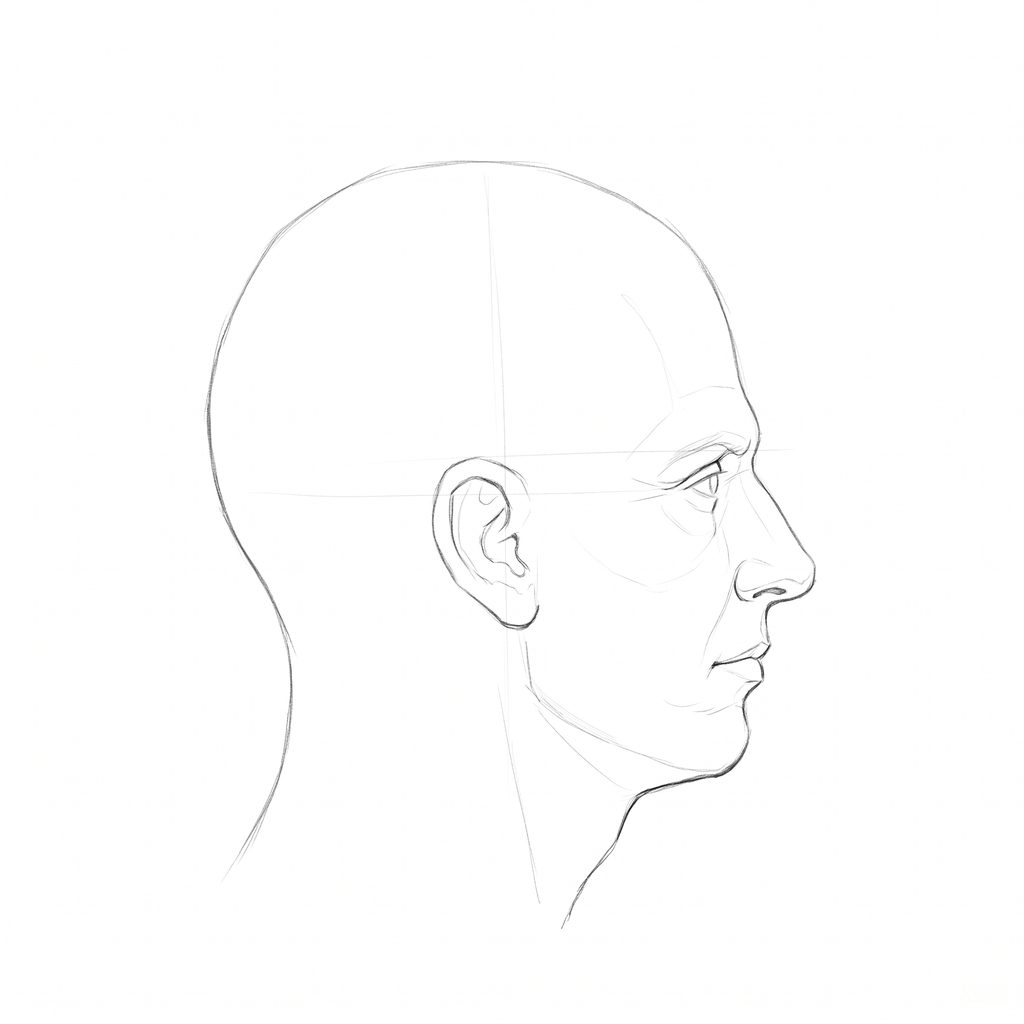 Head rotation reference, Square jaw, 90 degrees profile, pencil drawing