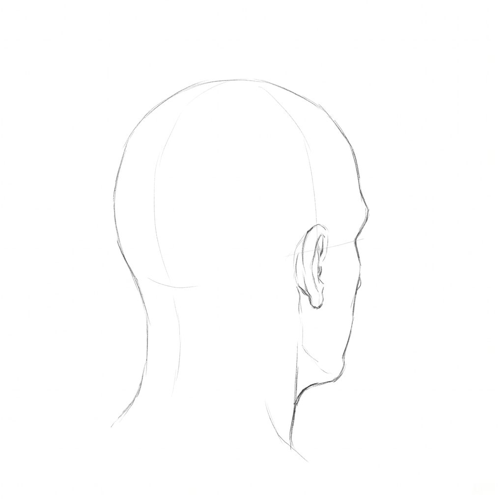 Head rotation reference, Square jaw, 135 degrees rear three-quarter, pencil drawing