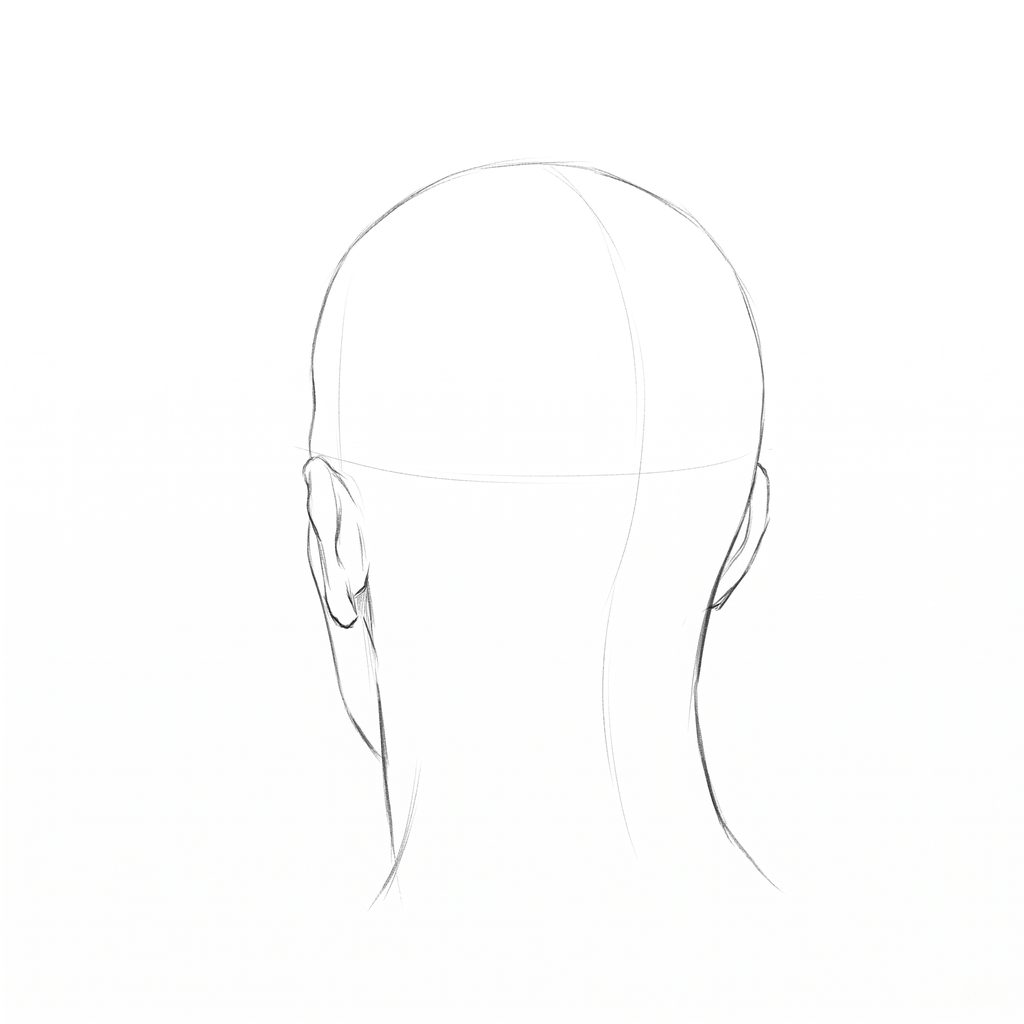 Head rotation reference, Square jaw, 202.5 degrees near-back view, pencil drawing