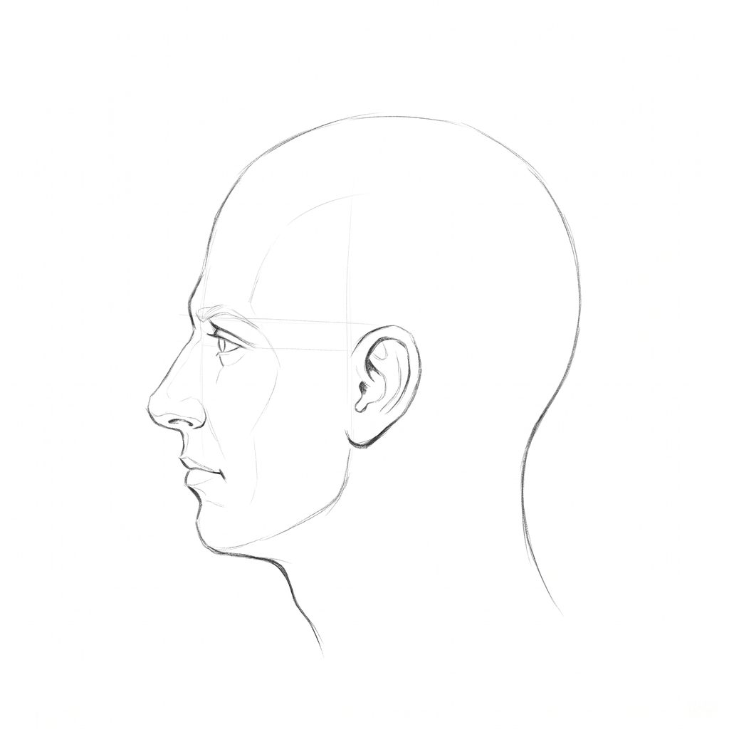 Head rotation reference, Square jaw, 270 degrees profile, pencil drawing