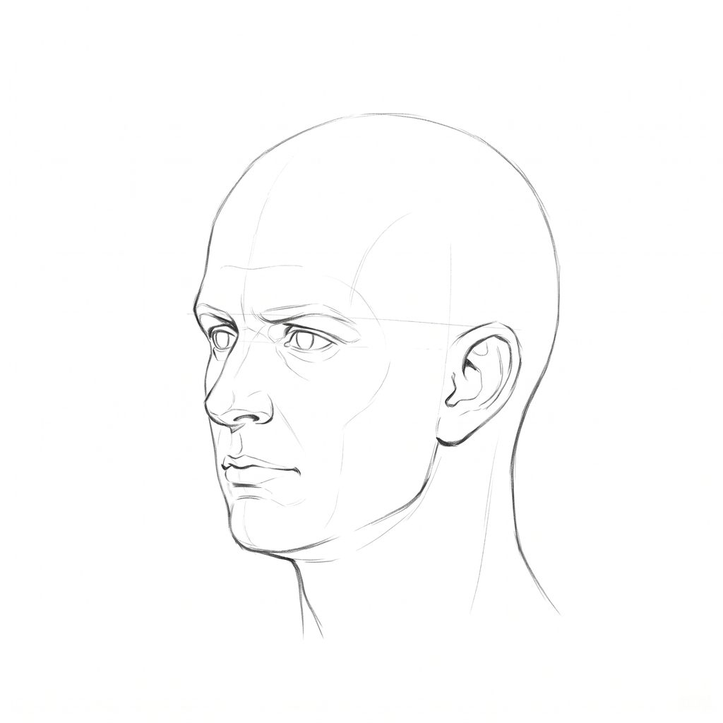 Head rotation reference, Square jaw, 315 degrees three-quarter view, pencil drawing