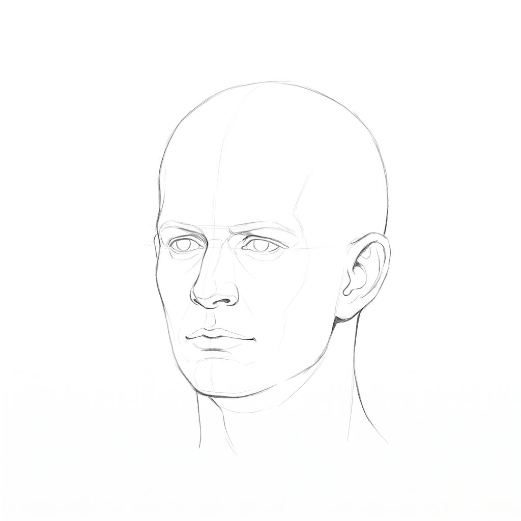 Head rotation reference, Square jaw, 337.5 degrees slight three-quarter view, pencil drawing