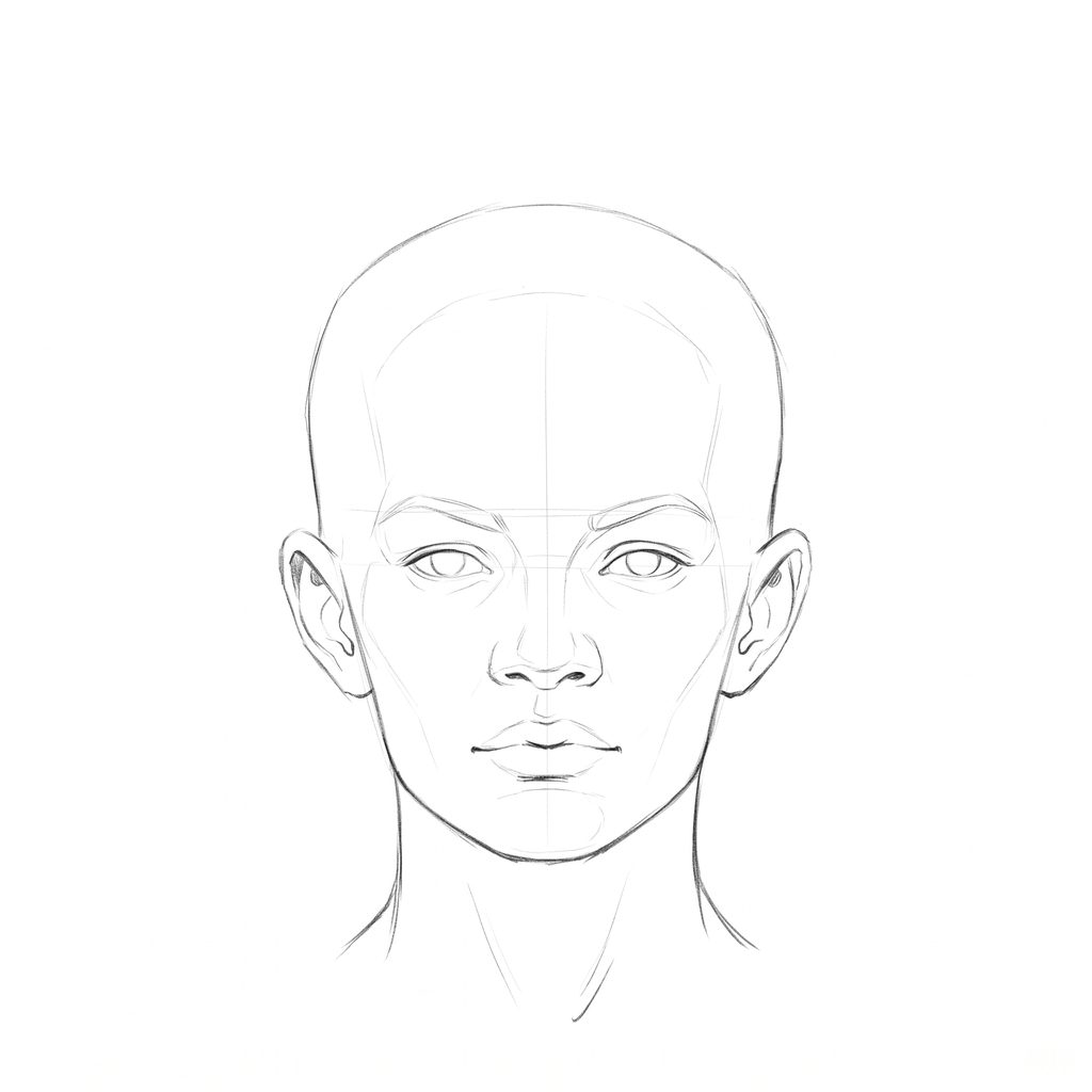 Head rotation reference, Full lips, 0 degrees front view, pencil drawing