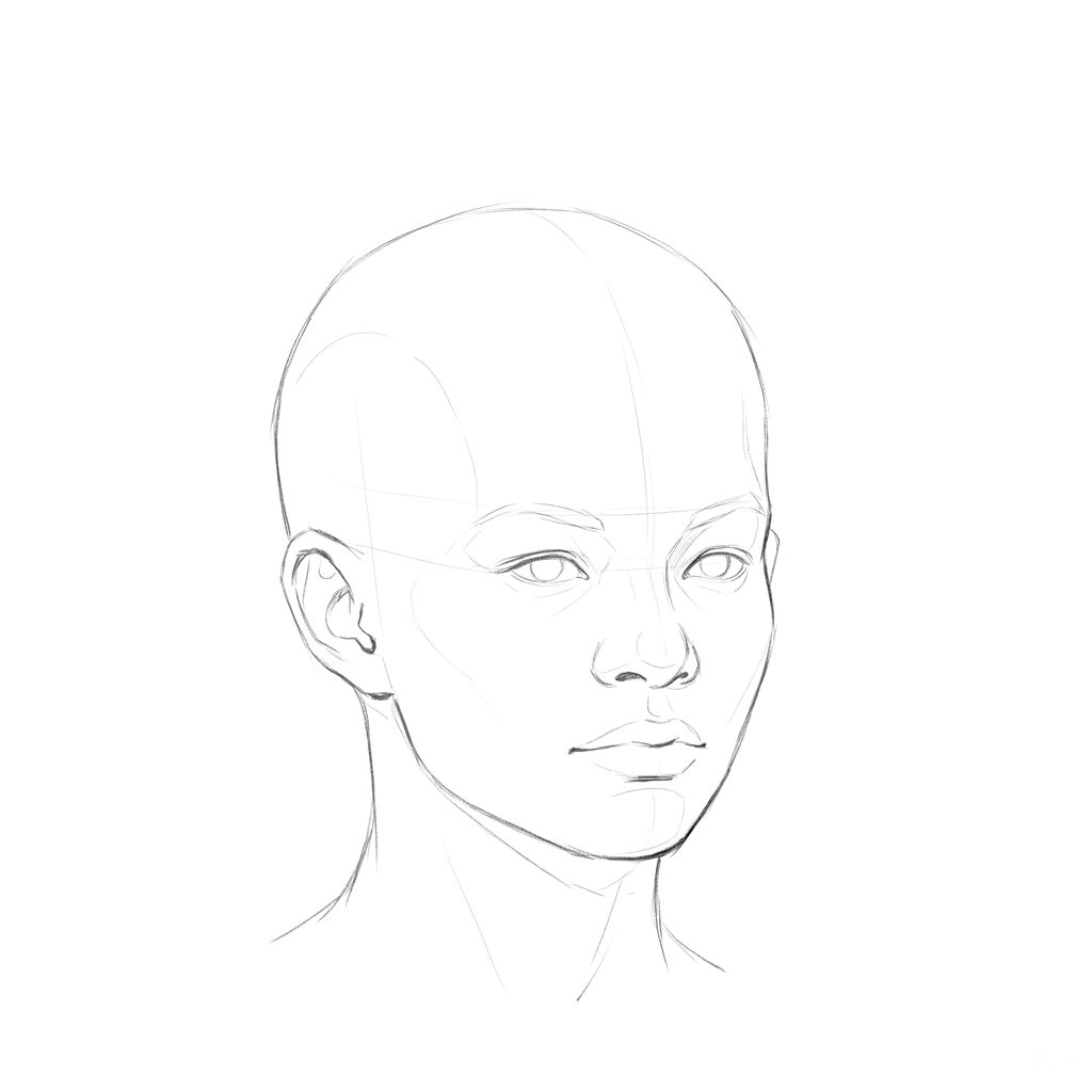 Head rotation reference, Full lips, 22.5 degrees slight three-quarter view, pencil drawing