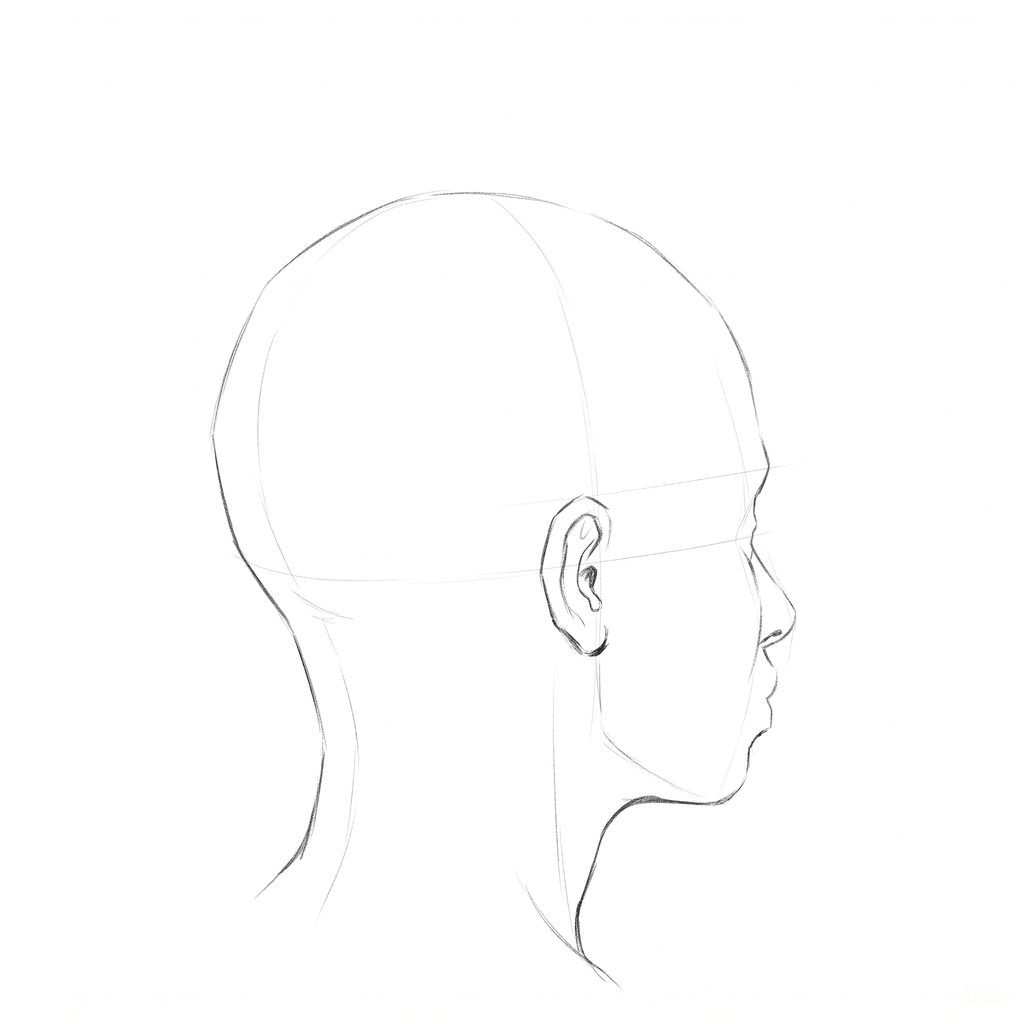 Head rotation reference, Full lips, 112.5 degrees just behind profile, pencil drawing