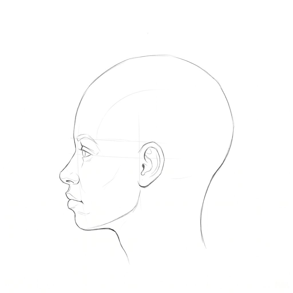 Head rotation reference, Full lips, 270 degrees profile, pencil drawing