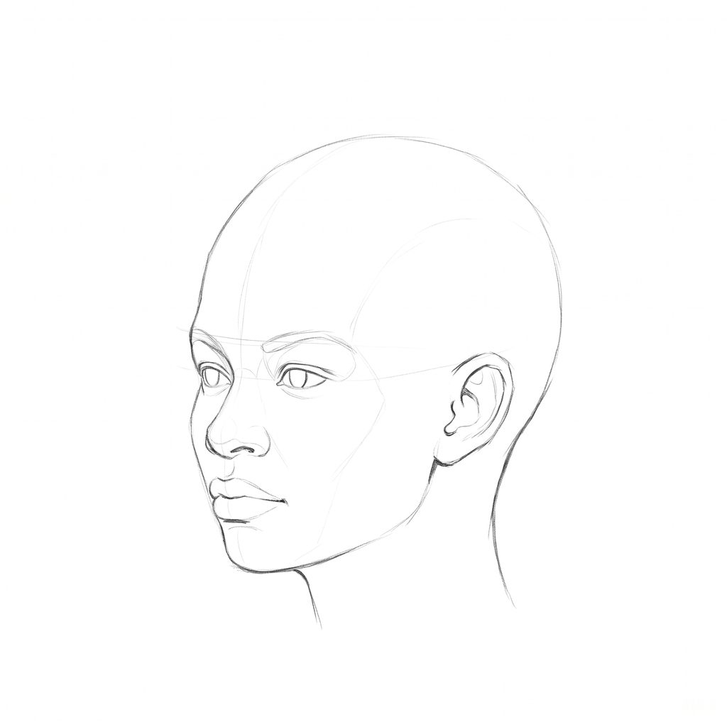 Head rotation reference, Full lips, 315 degrees three-quarter view, pencil drawing