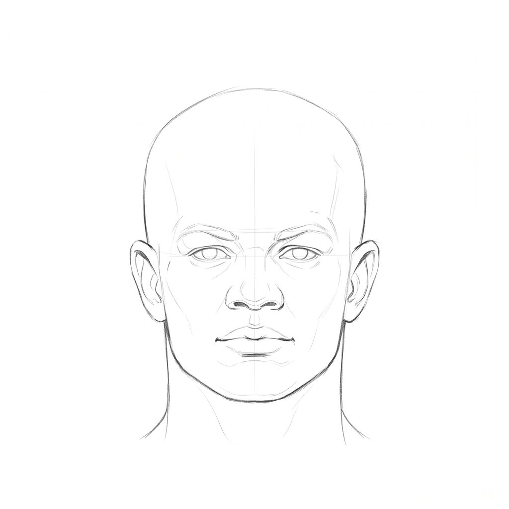 Head rotation reference, High cheekbones, 0 degrees front view, pencil drawing
