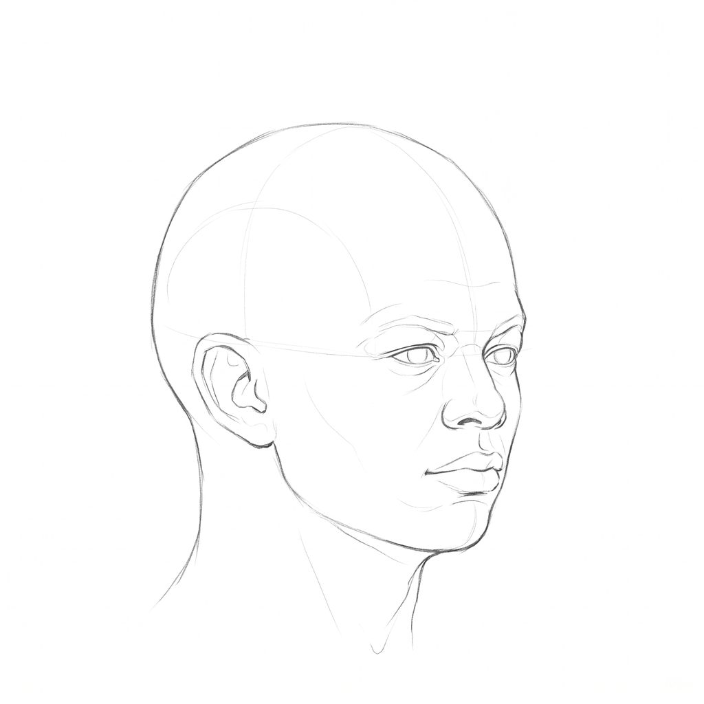 Head rotation reference, High cheekbones, 45 degrees three-quarter view, pencil drawing