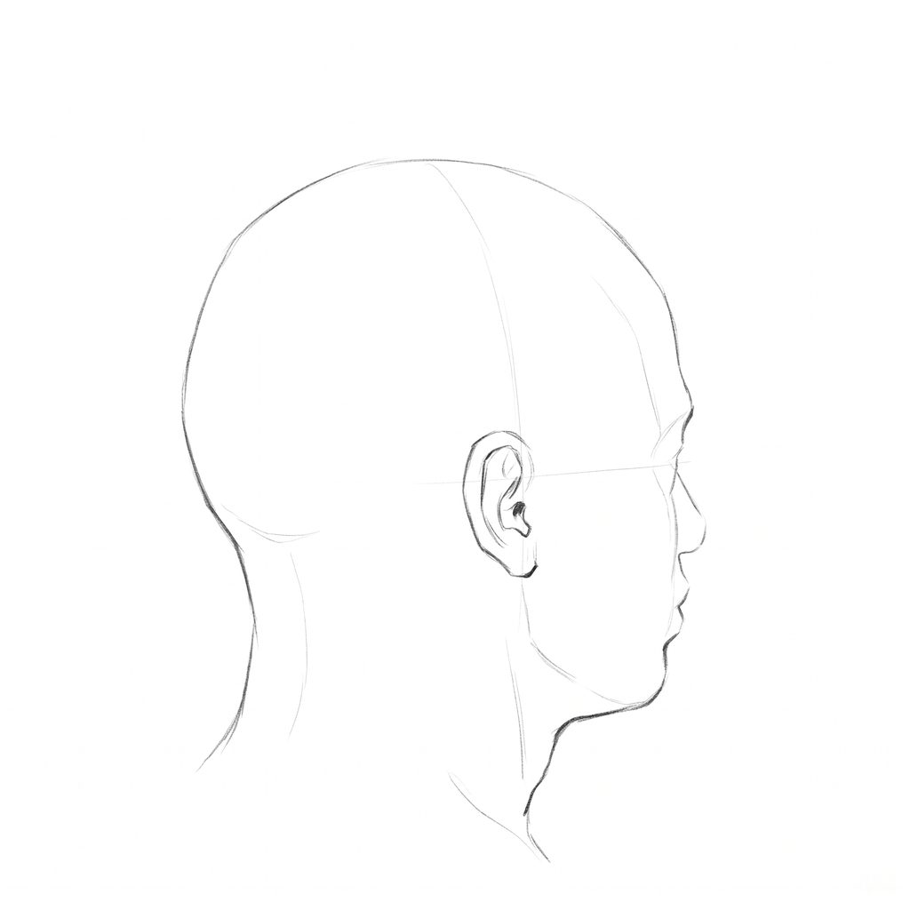 Head rotation reference, High cheekbones, 112.5 degrees just behind profile, pencil drawing