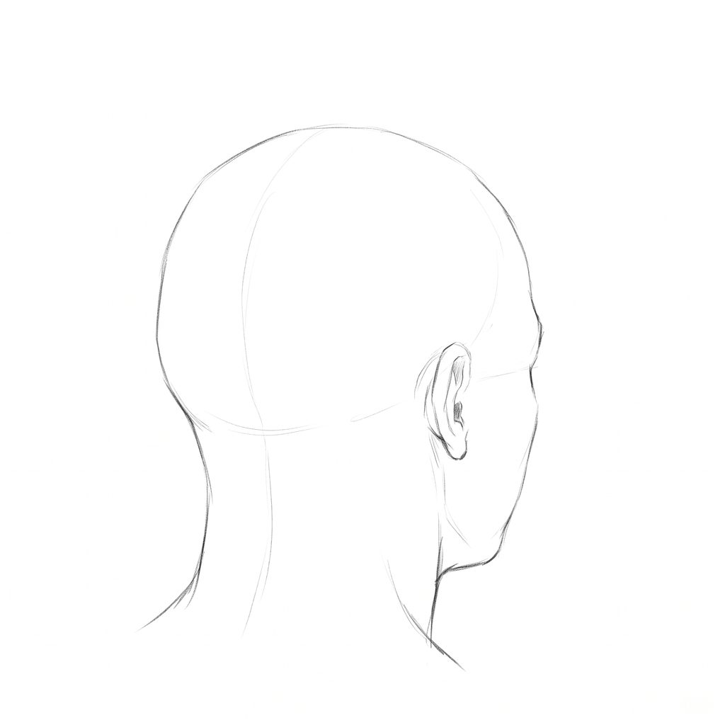Head rotation reference, High cheekbones, 135 degrees rear three-quarter, pencil drawing