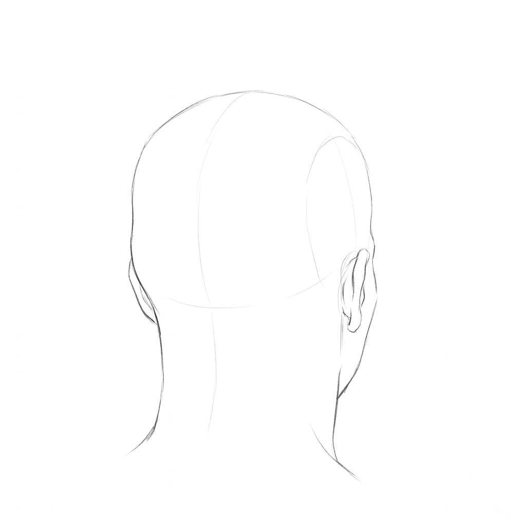 Head rotation reference, High cheekbones, 157.5 degrees near-back view, pencil drawing