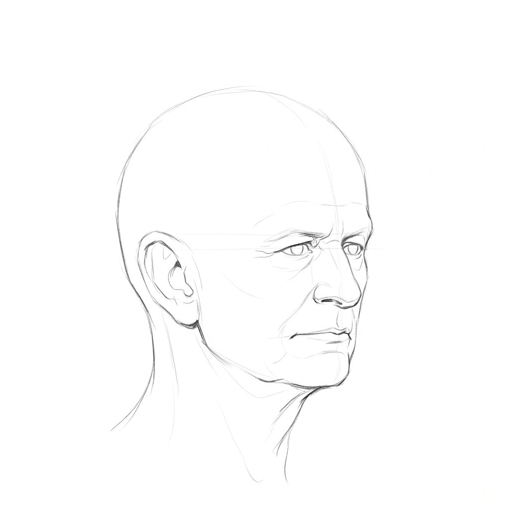 Head rotation reference, Heavy brow, 45 degrees three-quarter view, pencil drawing