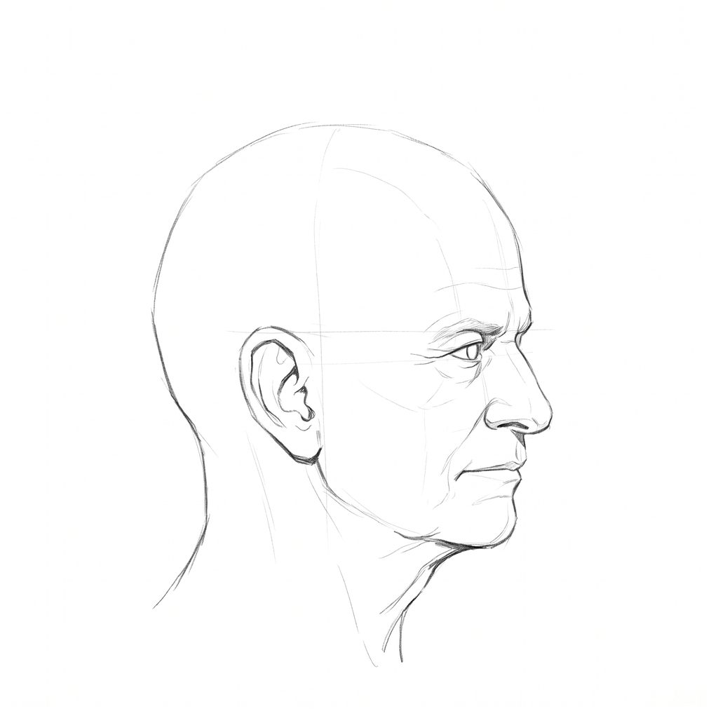 Head rotation reference, Heavy brow, 67.5 degrees near-profile view, pencil drawing