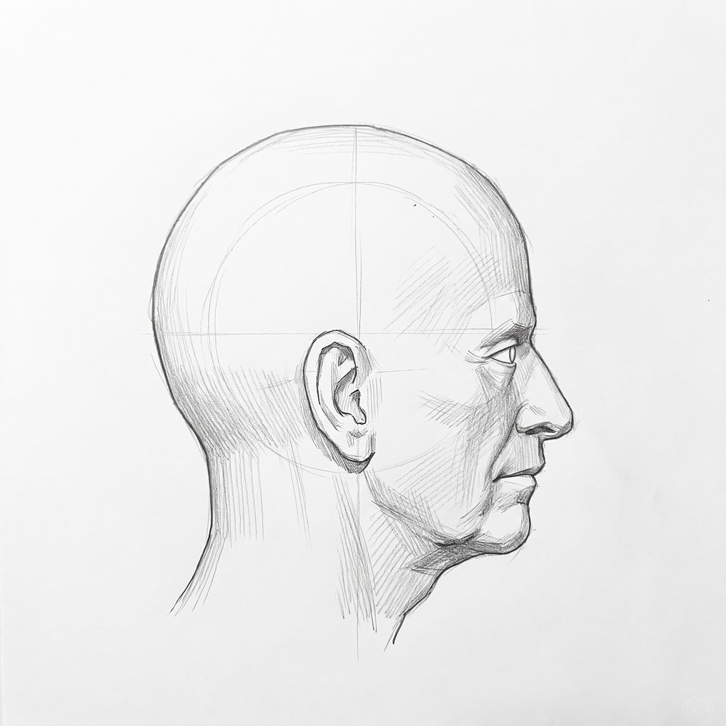 Head rotation reference, Heavy brow, 90 degrees profile, tonal drawing