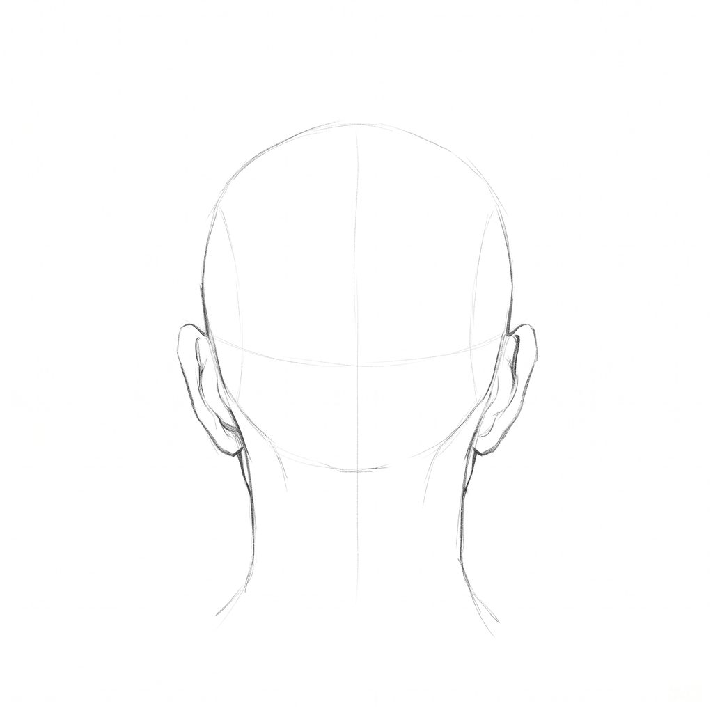 Head rotation reference, Heavy brow, 180 degrees back view, pencil drawing