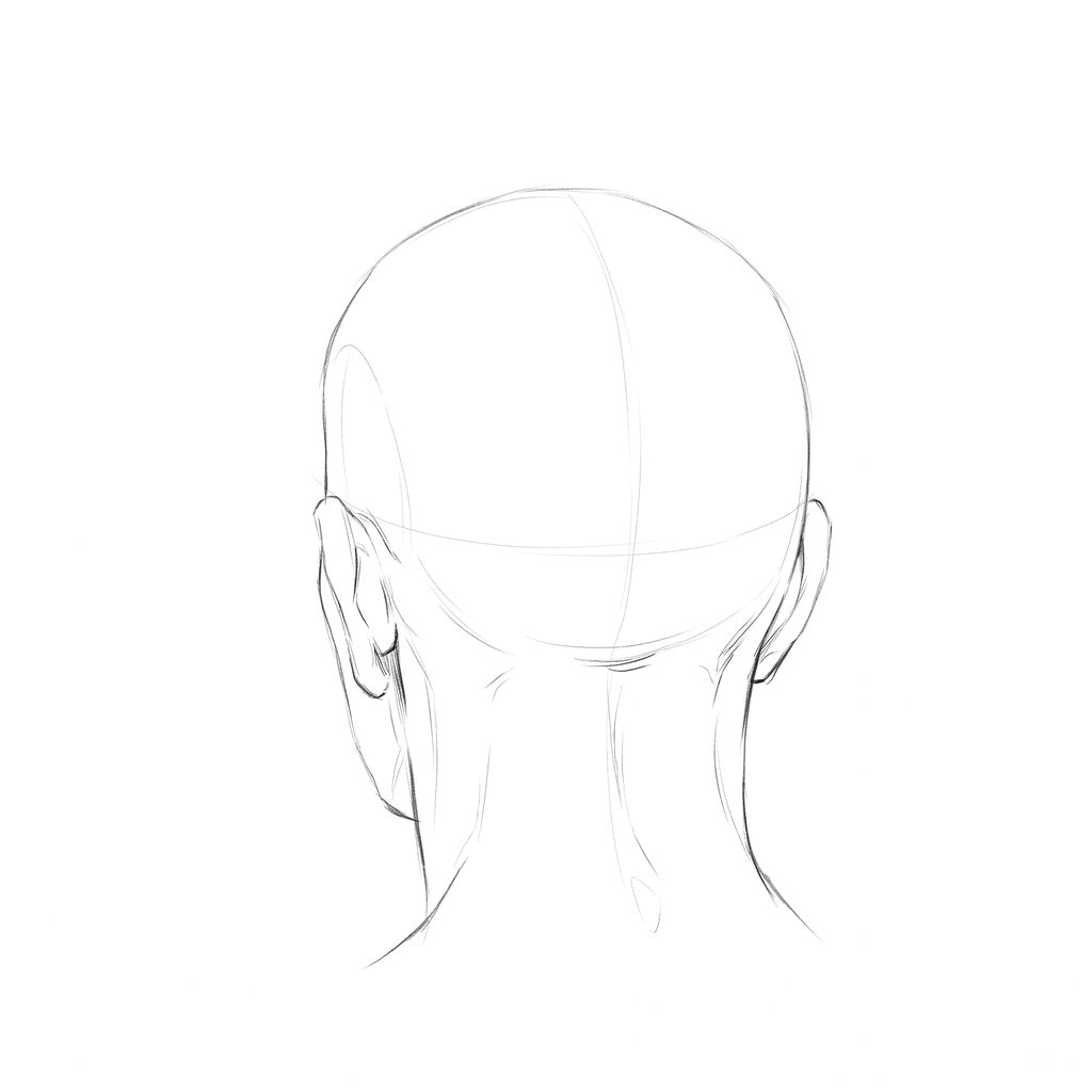 Head rotation reference, Heavy brow, 202.5 degrees near-back view, pencil drawing