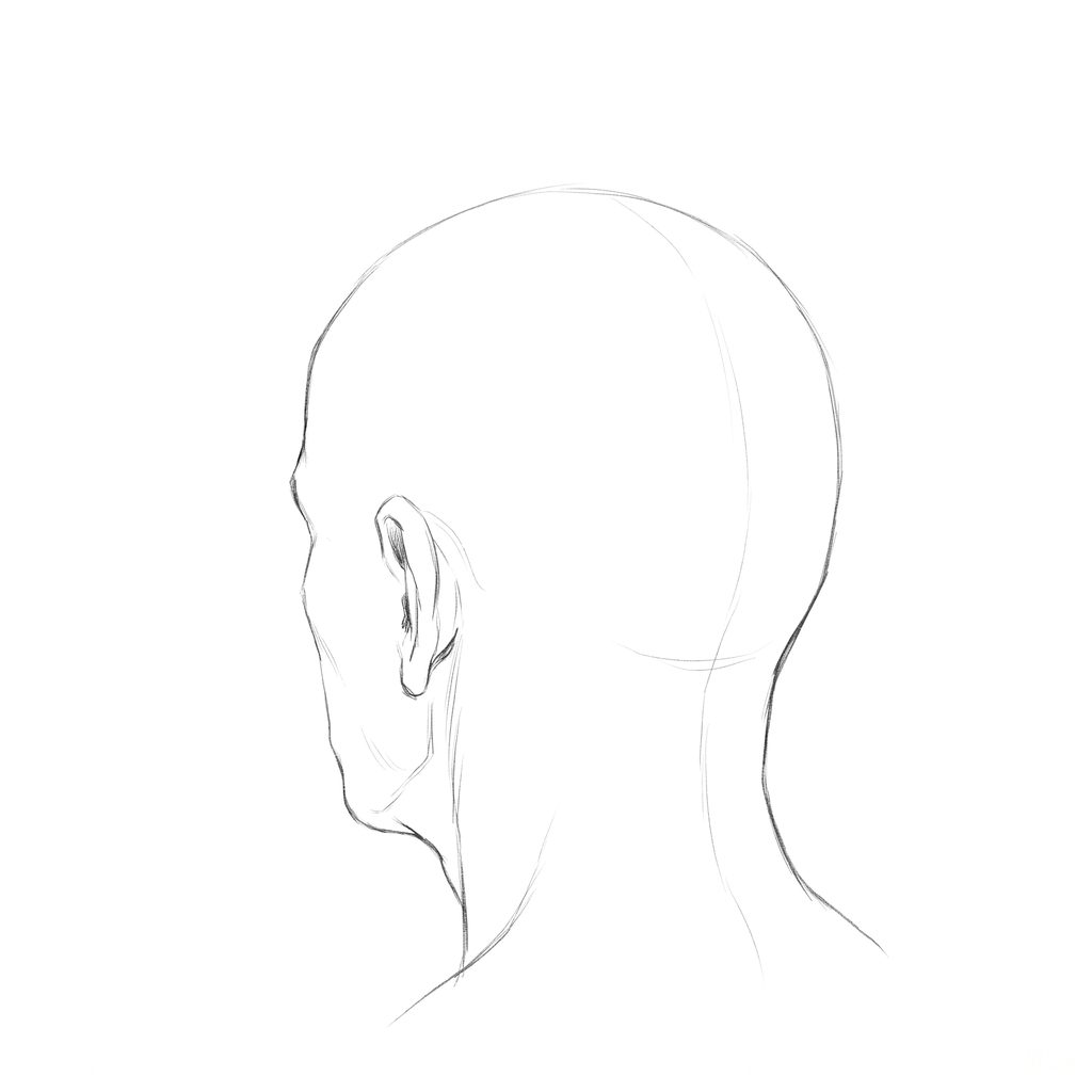 Head rotation reference, Heavy brow, 225 degrees rear three-quarter, pencil drawing