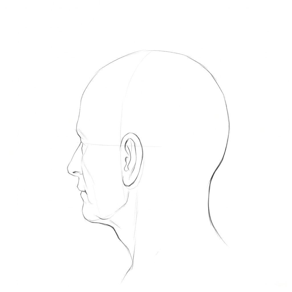 Head rotation reference, Heavy brow, 247.5 degrees just behind profile, pencil drawing