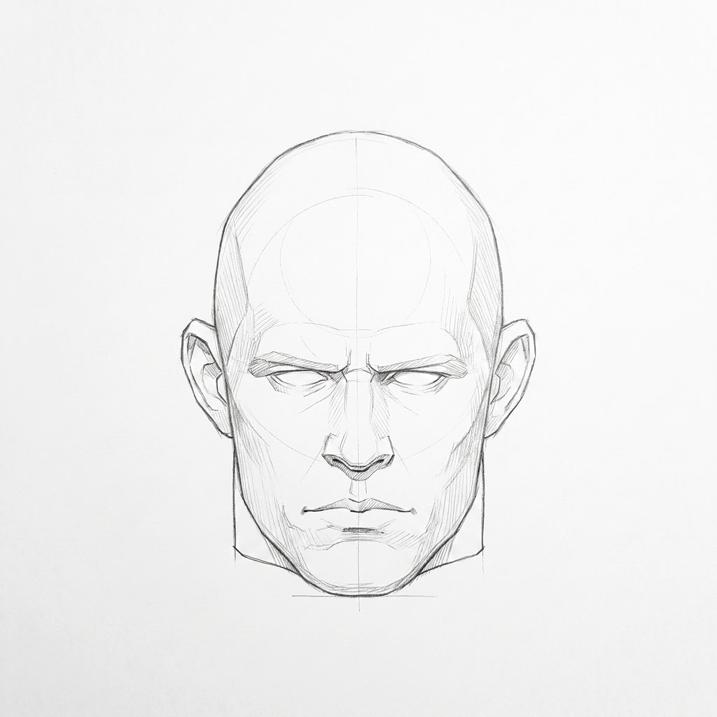 Head from above reference, heavy jaw, 0 degrees front view, seen from 20 degrees above, tonal drawing