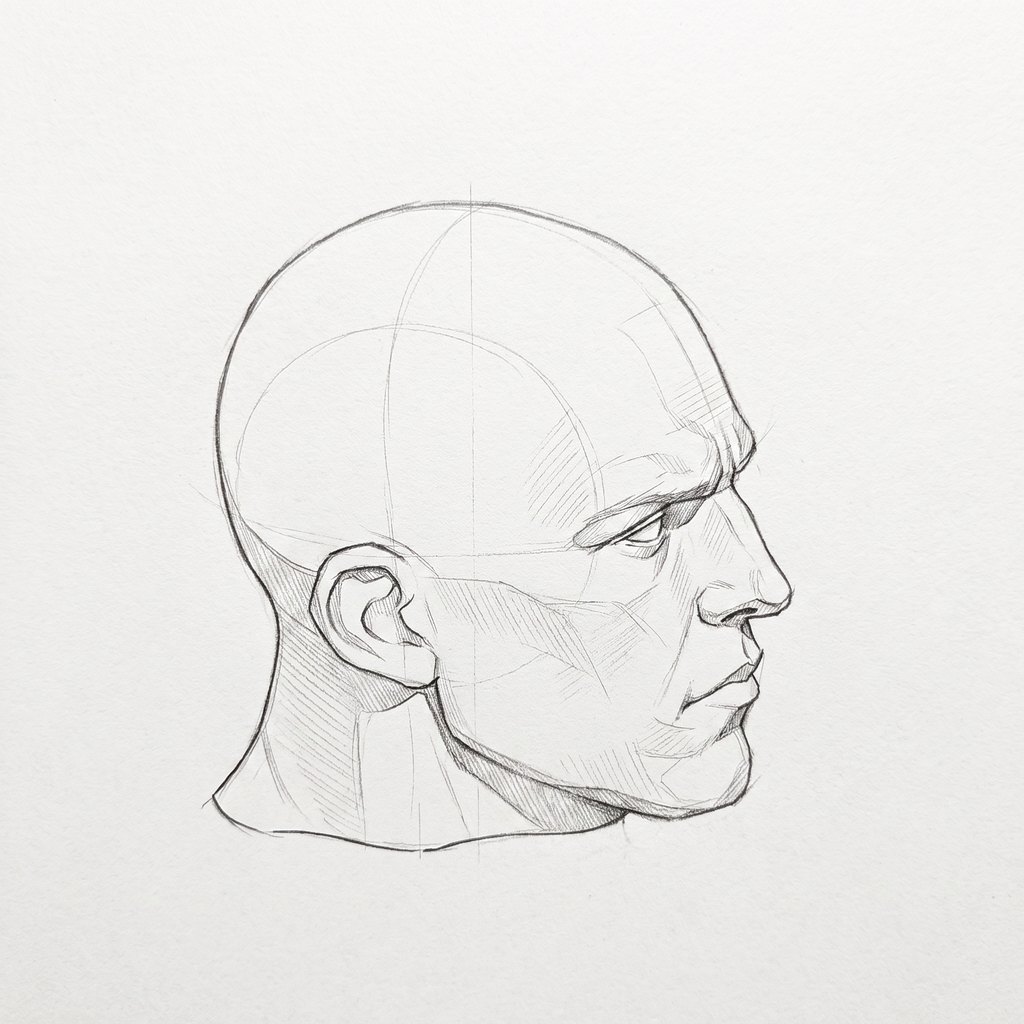 Head from above reference, heavy jaw, 67.5 degrees near profile, seen from 20 degrees above, tonal drawing