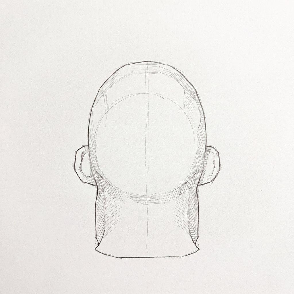 Head from above reference, heavy jaw, 180 degrees back view, seen from 20 degrees above, tonal drawing