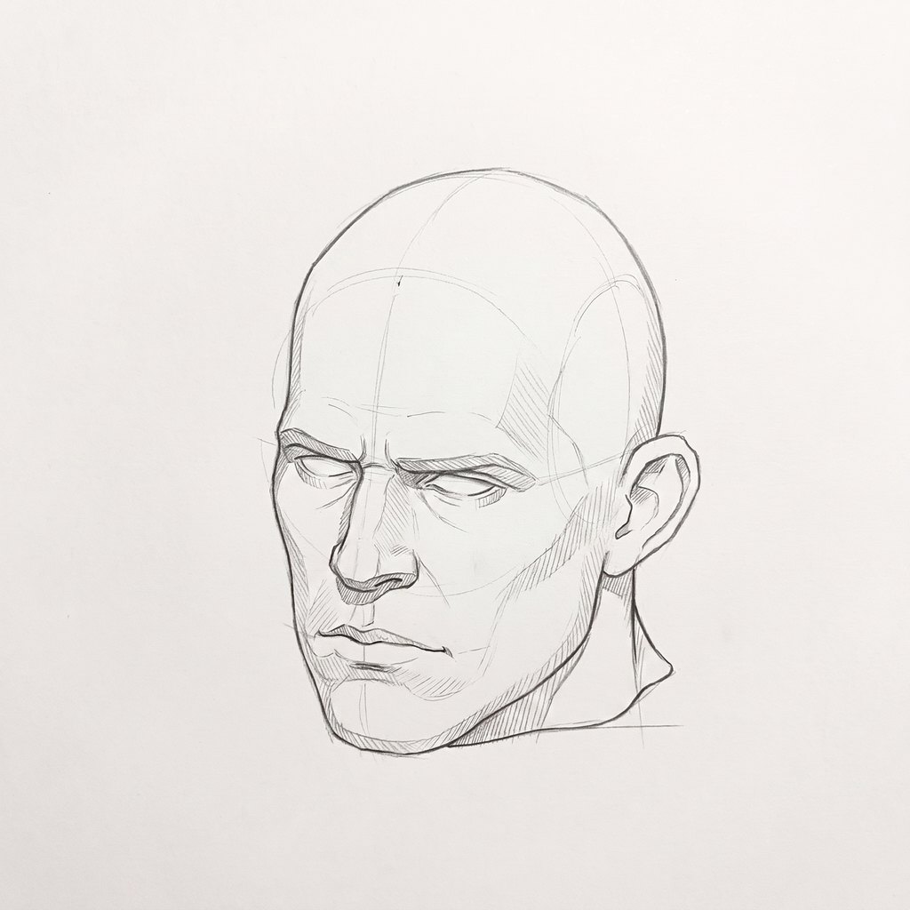 Head from above reference, heavy jaw, 337.5 degrees slight three-quarter view, seen from 20 degrees above, tonal drawing