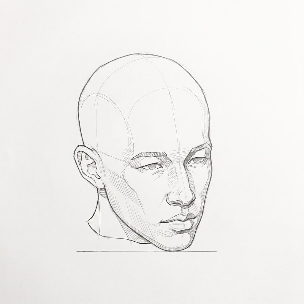 Head from above reference, minimal head, 22.5 degrees slight three-quarter view, seen from 20 degrees above, tonal drawing
