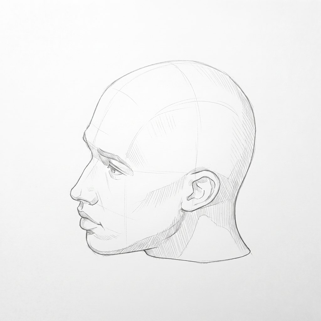 Head from above reference, minimal head, 292.5 degrees near profile, seen from 20 degrees above, tonal drawing