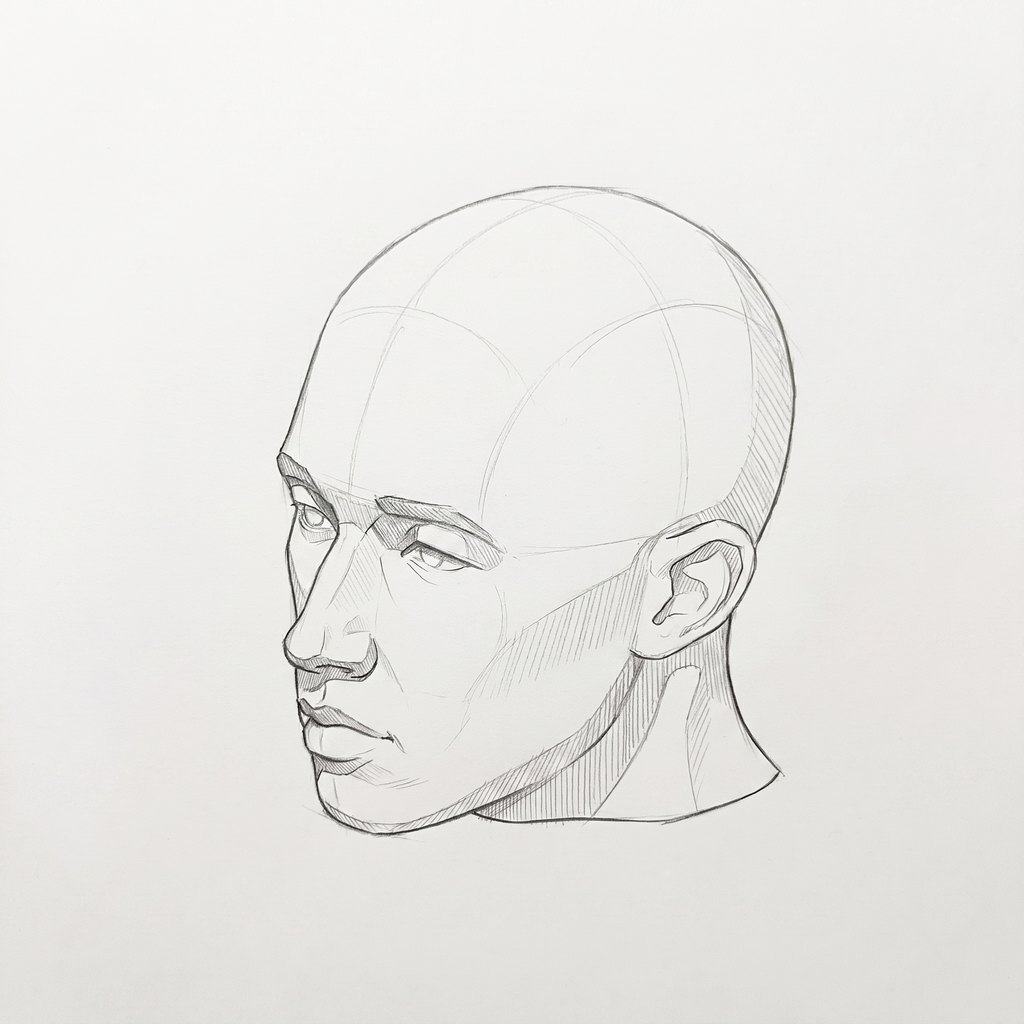 Head from above reference, minimal head, 315 degrees three-quarter view, seen from 20 degrees above, tonal drawing