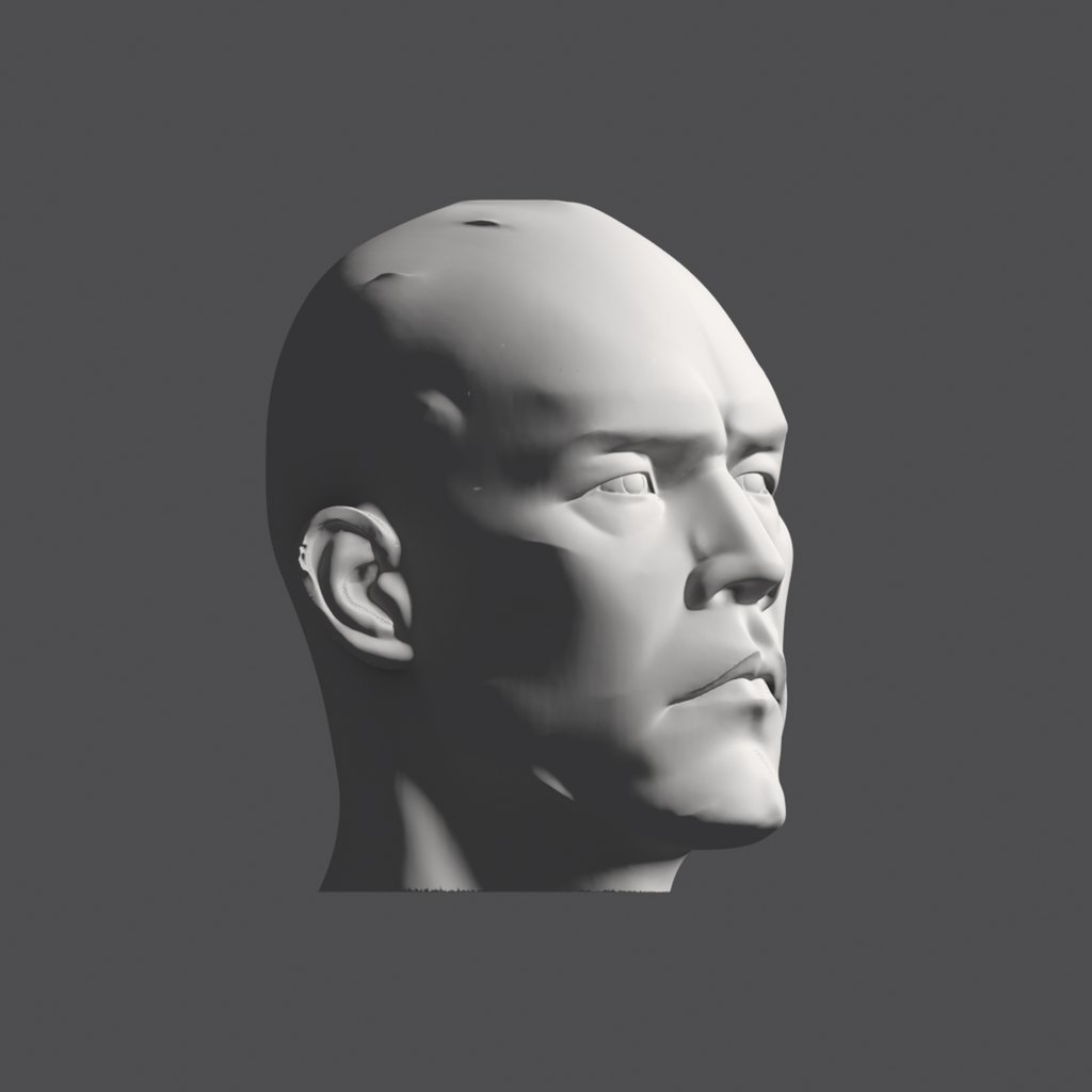 Head lighting reference, hard-plane head at a 45 degree turn, light from the front, a little toward the face side