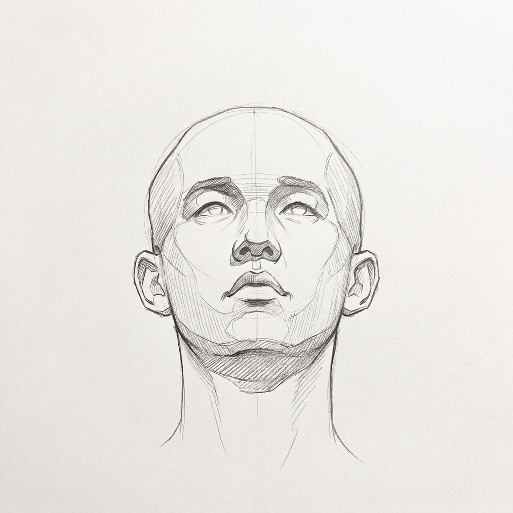 Head from below reference, minimal head, 0 degrees front view, seen from 20 degrees below, tonal drawing