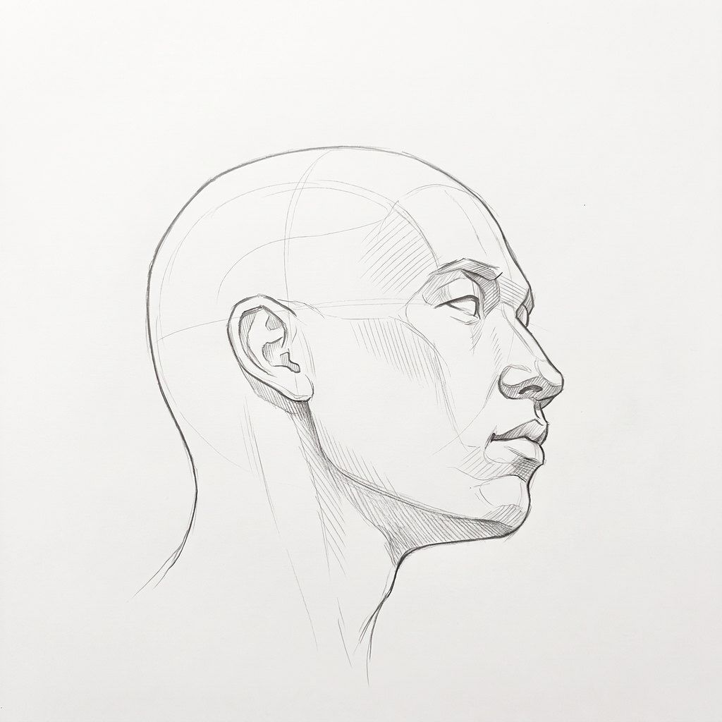 Head from below reference, minimal head, 67.5 degrees near profile, seen from 20 degrees below, tonal drawing
