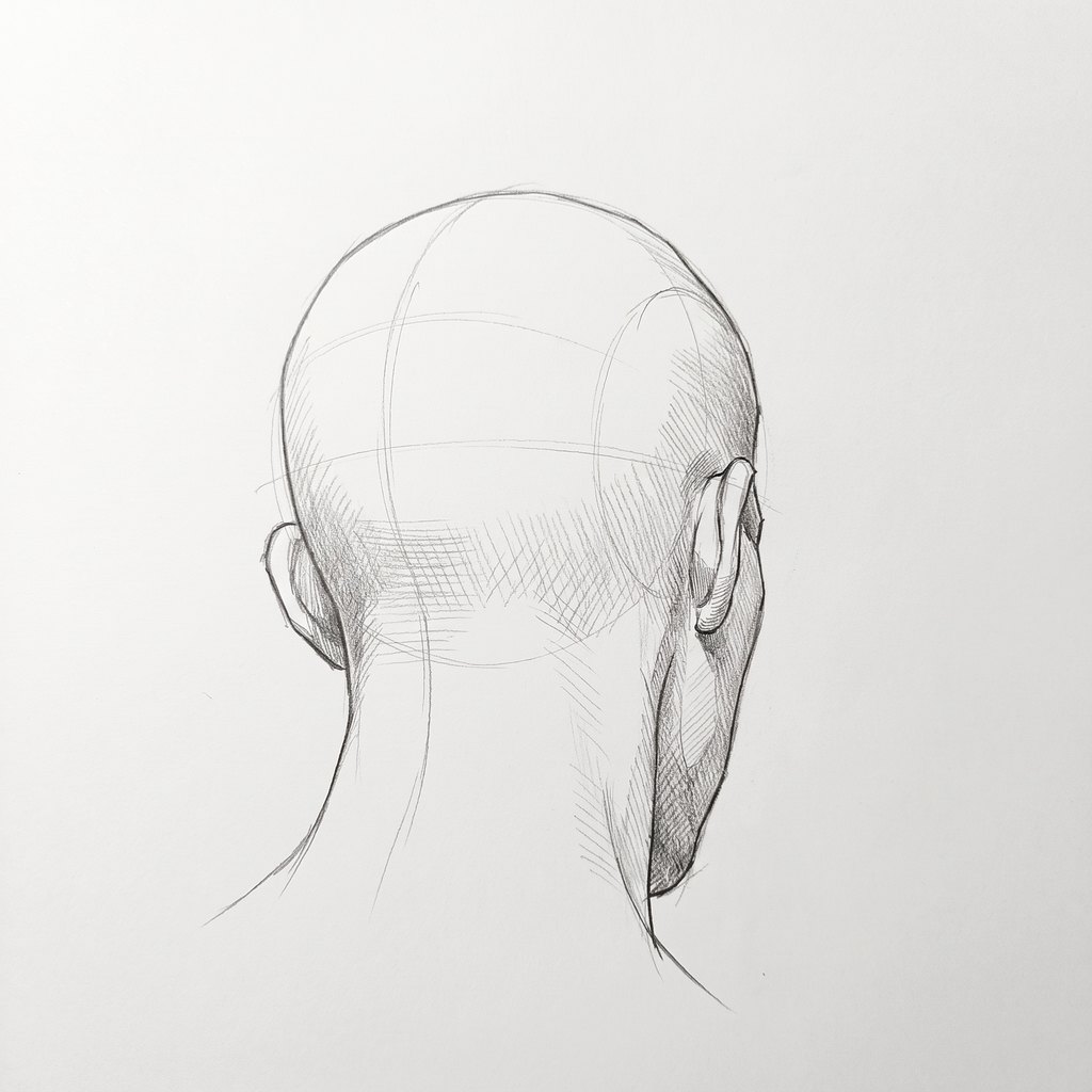 Head from below reference, minimal head, 157.5 degrees rear three-quarter, seen from 20 degrees below, tonal drawing